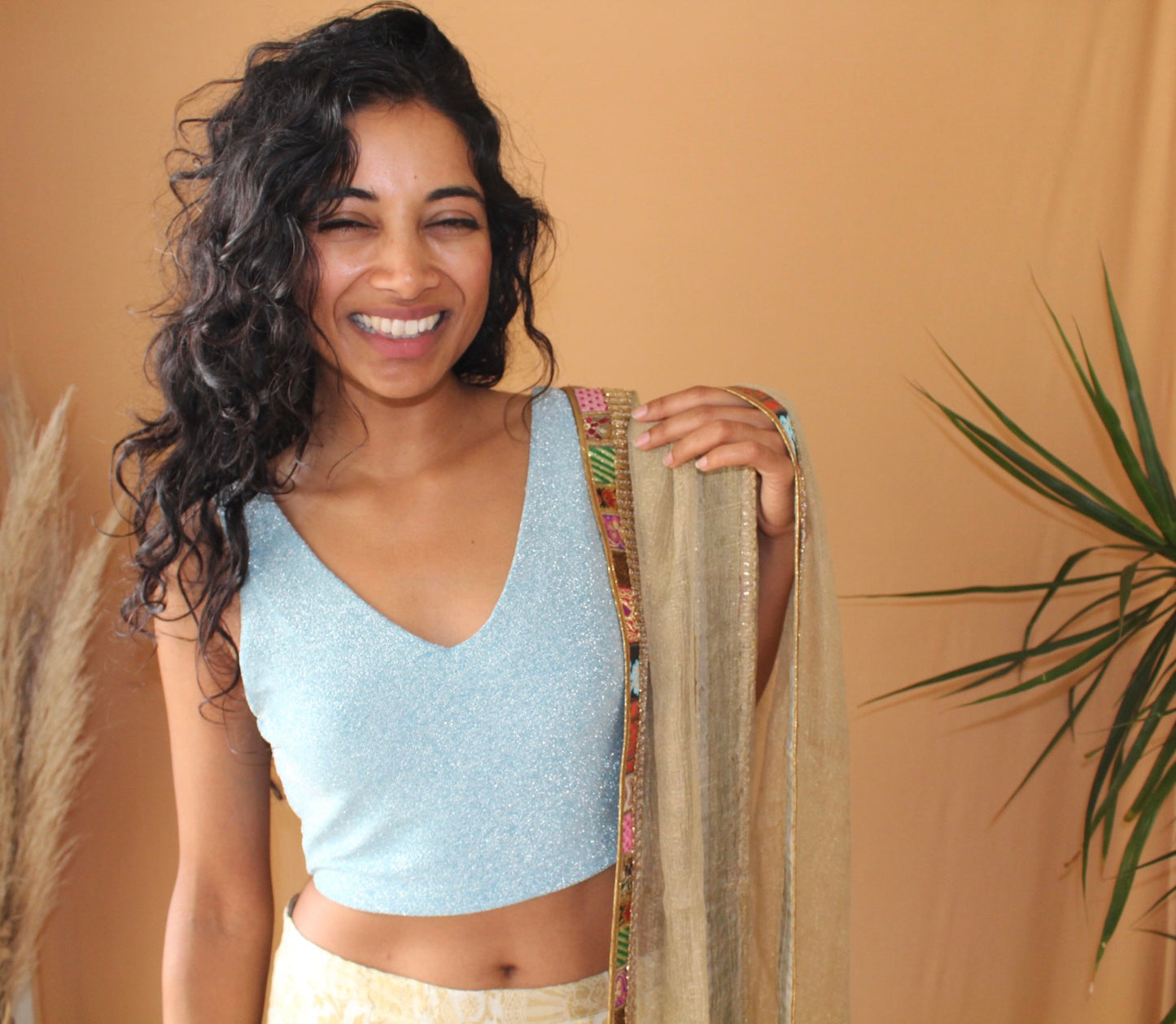 Turquoise Glimmer Sleeveless Sari Blouse - Khushey